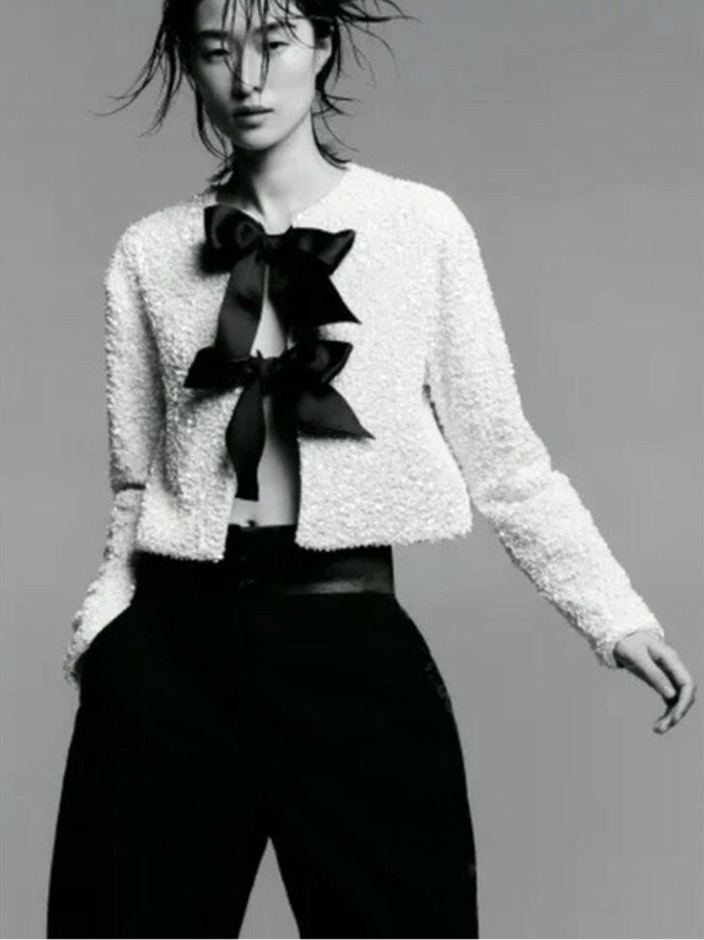 Women’s White Sequins Cropped Jacket with Black Ribbon Detail